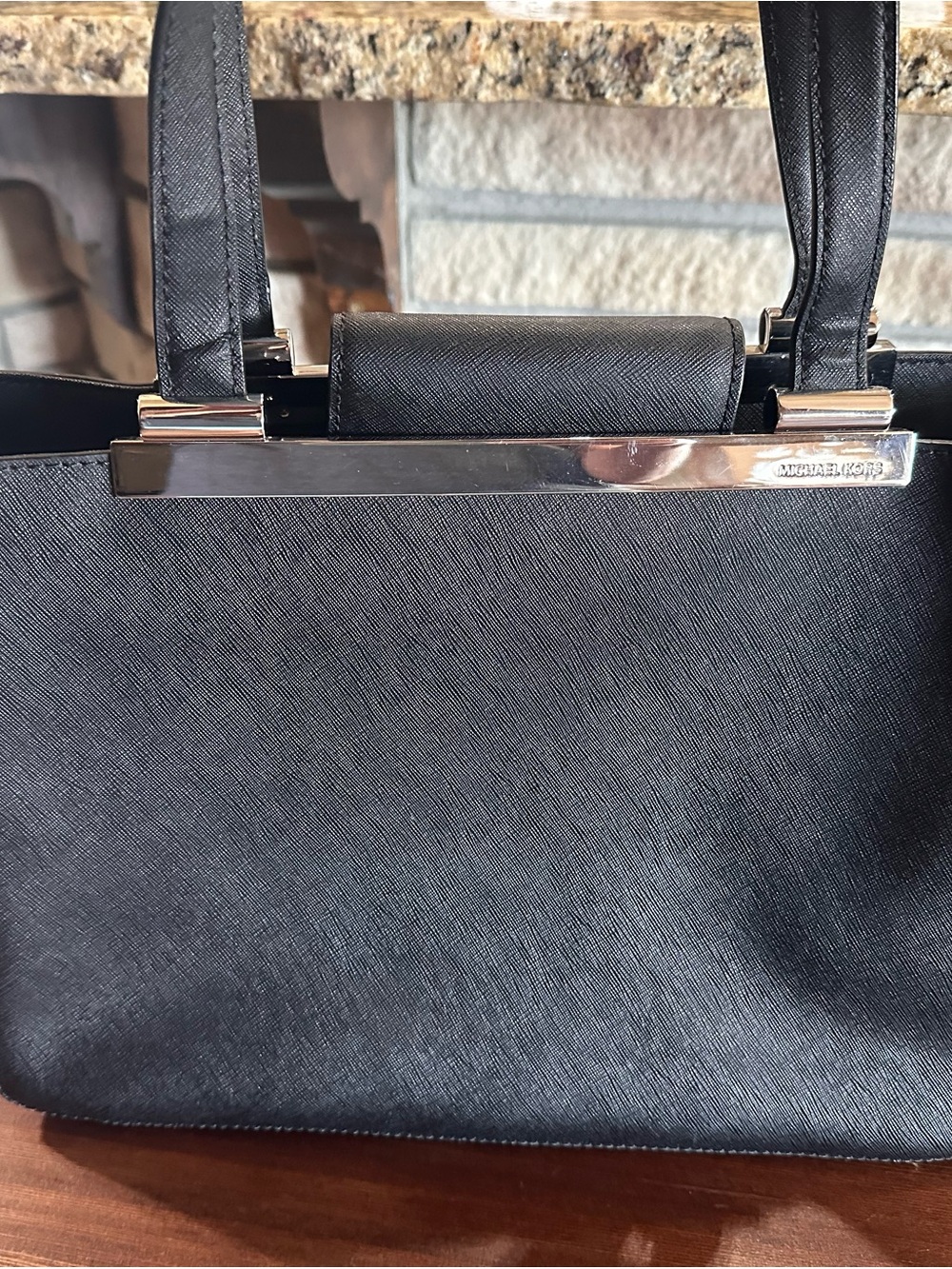 Michael Kors Black Saffiano Satchel with Silver Trim